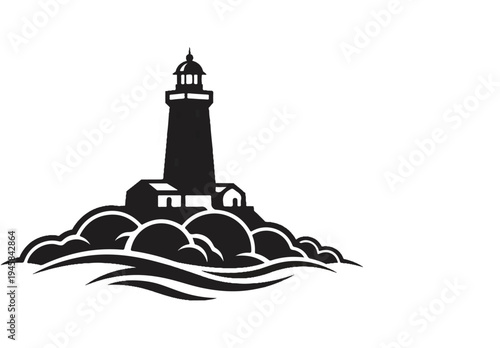 Silhouette of a lighthouse on a rocky shore with waves