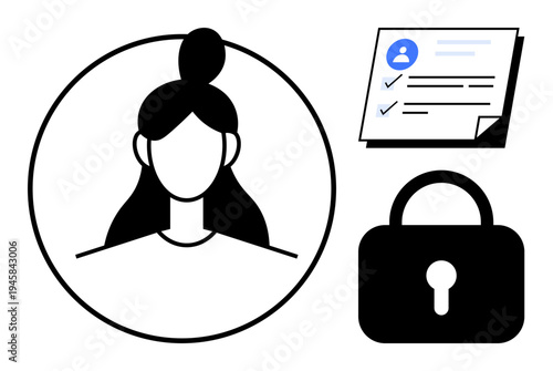 Female profile in a circle, checklist document with verified marks, and a lock symbolizing privacy, security, and data access. Ideal for privacy, identity, protection, user access authentication