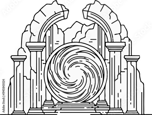 Ancient portal with swirling energy in a ruinous stone archway and columns