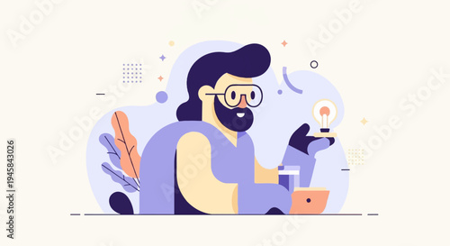 Animated character with glasses and beard holds a lightbulb