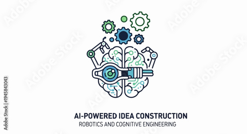 Stylized brain with robotic arms and gears creating an idea