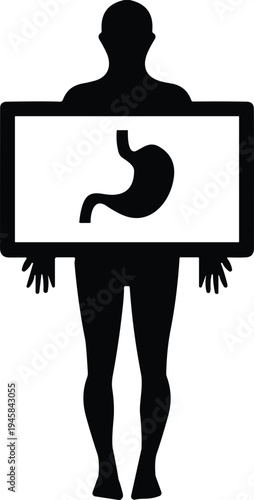 Human anatomy silhouette illustration, stomach organ vector icon, digestive system artwork, medical healthcare design, internal body structure educational graphic