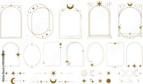 Mystical celestial arches and frames with stars and moon for esoteric design with design elements
