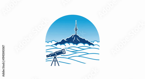 Stylized mountainous landscape with a tall tower and a telescope below