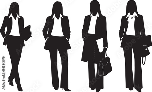 Four confident professional businesswomen silhouettes standing elegantly, representing diverse corporate roles, career success, and female empowerment in a modern, dynamic work environment