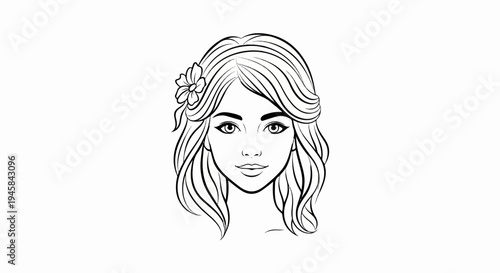 Stylized line art portrait of a young woman with wavy hair and a flower