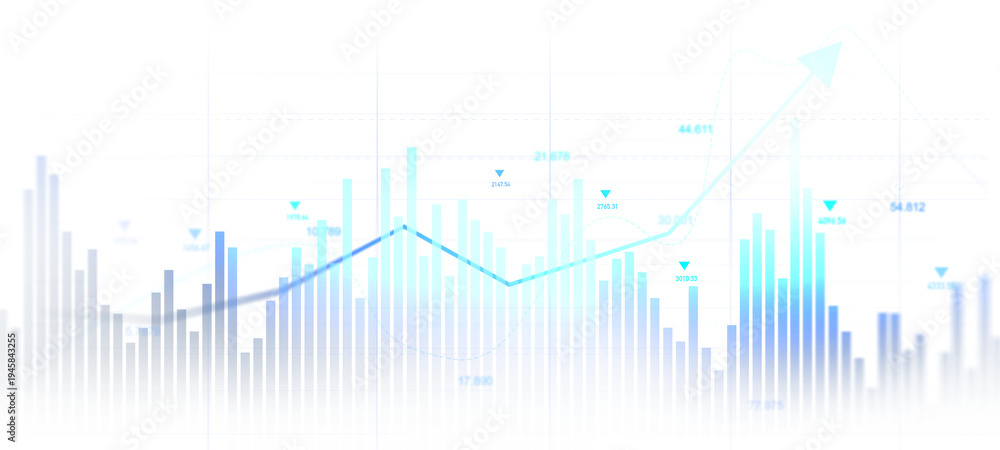 Fototapeta premium Digital finance background showing trading, investment growth, profit analysis and economic data. Transparent stock market chart with candlestick bars and rising trend line. 