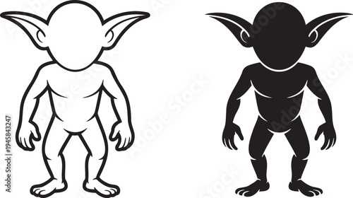 Goblin silhouette & outline set isolated on transparent background