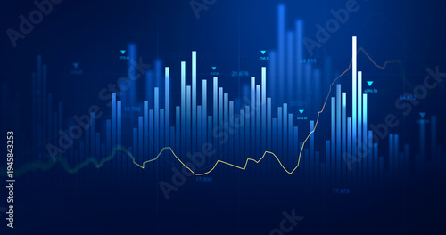 Business financial chart with moving up arrow graph.Financial data charts with glowing stock market graphs.Stock market investment data and analysis finance graph.	
