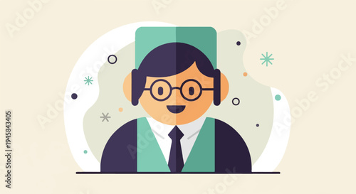 Flat illustration of a person in professional attire, smiling warmly