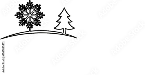 Stylized snowflake and tree graphic on a curved line