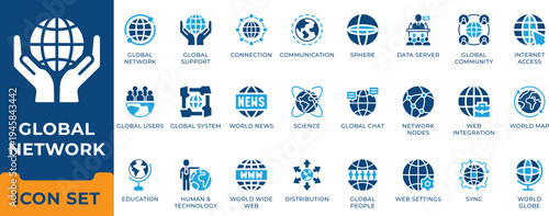 Global network and worldwide communication icon set. Internet connection, global community, data server, world map, and global technology vector symbols.