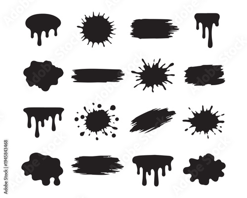 Black grunge ink splatter and paint drip set. Abstract liquid splash, graffiti spray, and messy brush stroke textures. Vector elements.