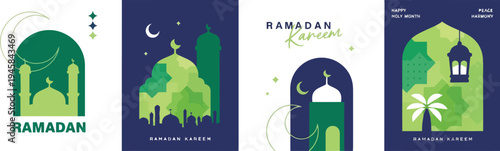 Ramadan kareem greetings with islamic arches, mosques and lanterns, greeting card, middle eastern