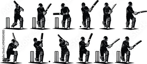Collection of black cricket player silhouettes featuring batsmen in various batting stances and hitting shots isolated on a white background