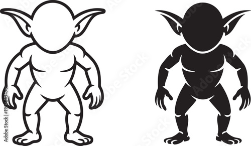 Goblin silhouette & outline set isolated on transparent background