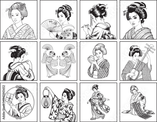 Japanese geisha kimono coloring pages bundle set with traditional Japanese women, fans, shamisen, lantern black line art vector illustration for activities and designs