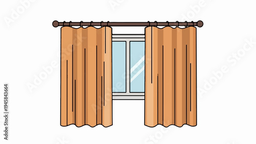 A simple illustration of an open window with light orange curtains on a rod