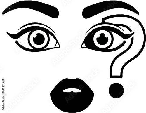 A striking graphic of a face with a question mark integrated into its eye