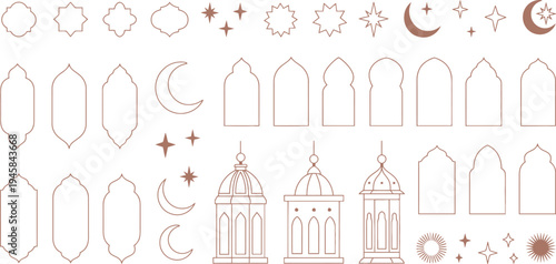 Islamic design elements collection with arches, lanterns, stars and moons, middle eastern, crescent moon