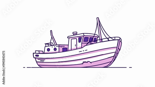 A simple cartoon drawing of a pink and purple fishing vessel