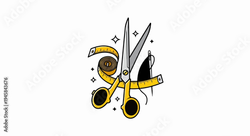 A sewing needle, scissors, and measuring tape with sparkle accents