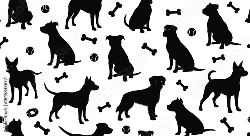 Seamless pattern of black dog silhouettes in various sitting and standing poses with cute bones and tennis balls on white,