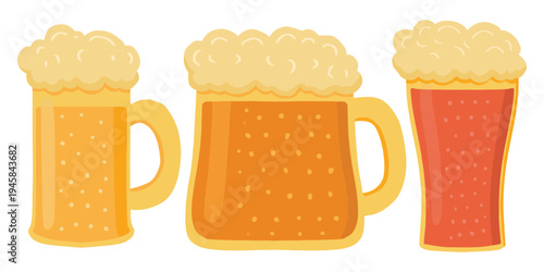 Set of beer mugs and glass with foam vector illustration. Hand drawn isolated collection of different types of beer mugs