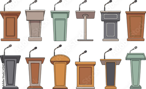 podium and lectern vector set featuring various wooden and metal speaker stands with microphones for press conferences and presentations,