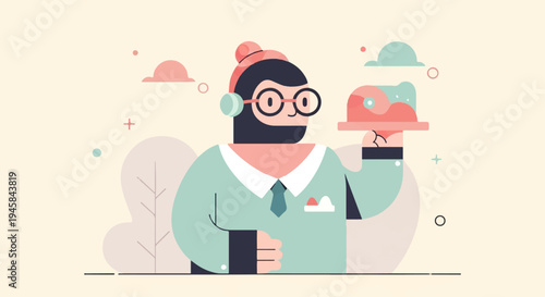 Stylized character with glasses serving a colorful dish