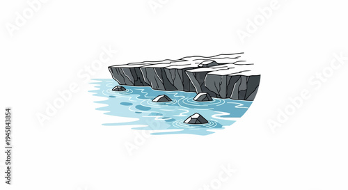 Rocky cliff edge meets rippling blue water with protruding stones