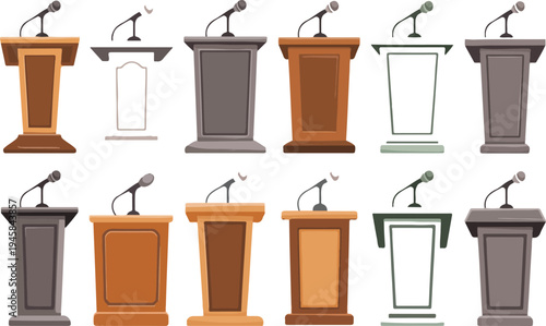 podium and lectern vector set featuring various wooden and metal speaker stands with microphones for press conferences and presentations,