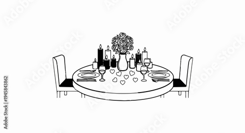 Romantic dinner setting with roses, candles, wine glasses, and place settings