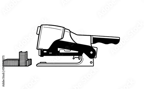 Black and white illustration of a stapler and staple box on a white background