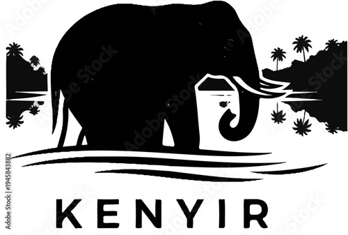 Silhouette of elephant by water with tropical landscape, text below