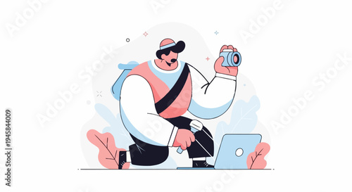 Stylized person kneeling with camera and laptop