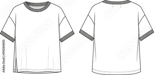 Blank t shirt template front and back view, casual fashion apparel mockup with ribbed collar sleeves vector illustration