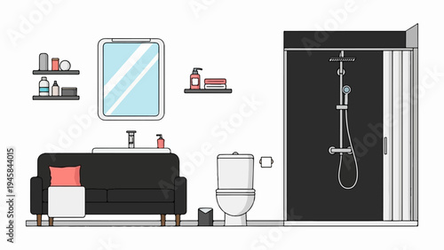 Minimalist bathroom with vanity, shower, toilet, and lounge seating