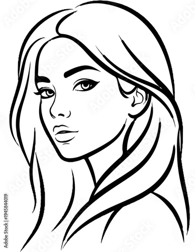 Stylized black and white sketch of a young woman's face and flowing hair