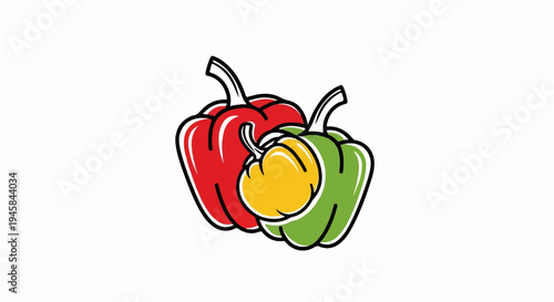 Three colorful bell peppers, a red, green, and yellow, are clustered together