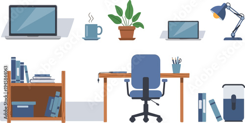 Minimalist illustration of a home office with laptops, desk, chair, plant, and books