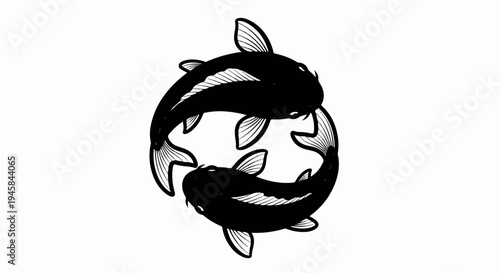 Two black fish swimming in a circle, with white stripes