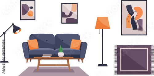Modern living room with abstract art, sofa, coffee table, lamps, and rug