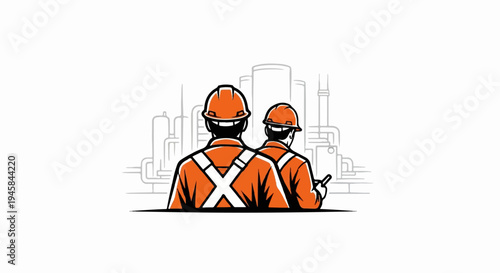 Two workers in orange safety gear stand before industrial infrastructure