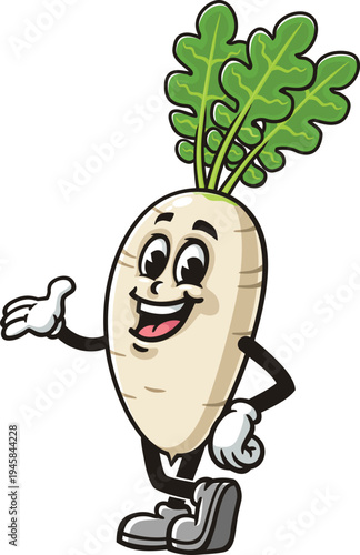 White radish cartoon mascot with welcoming pose