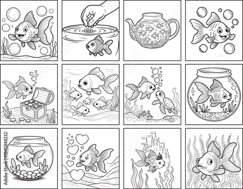Goldfish coloring pages bundle set with cute kawaii aquarium fish and underwater scenery black and white line art for Kids activity book design
