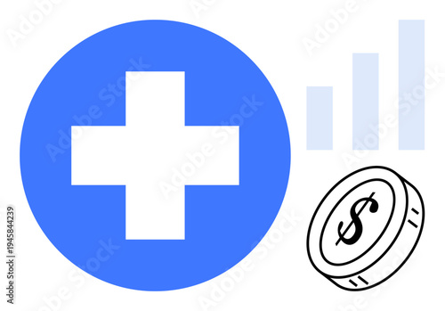 Healthcare economy. Healthcare growth illustrated with a medical cross, coin for financial impact, and bar chart for financial progress. Healthcare funding, statistics, budget planning, business