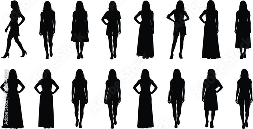 Female fashion silhouettes, stylish womens clothing, professional lady models, trendy apparel icons, black girl outlines, flat vector illustration on white