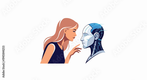 Woman and robot facing each other, digital art