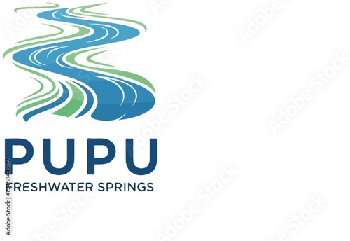 Stylized blue and green river flowing over the words "Pupu Freshwater Springs